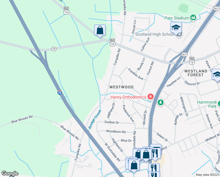 map of restaurants, bars, coffee shops, grocery stores, and more near 600 Turnpike Road in Laurinburg