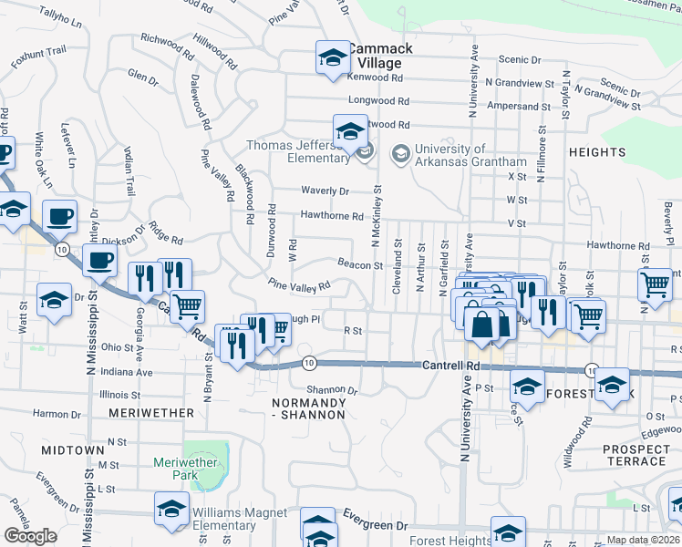 map of restaurants, bars, coffee shops, grocery stores, and more near 116 Pine Valley Road in Little Rock