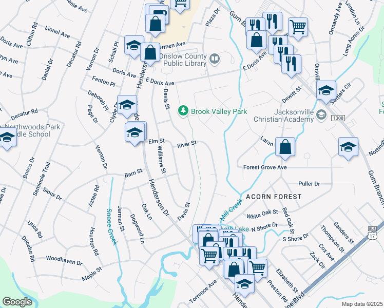 map of restaurants, bars, coffee shops, grocery stores, and more near 1244 Davis Street in Jacksonville