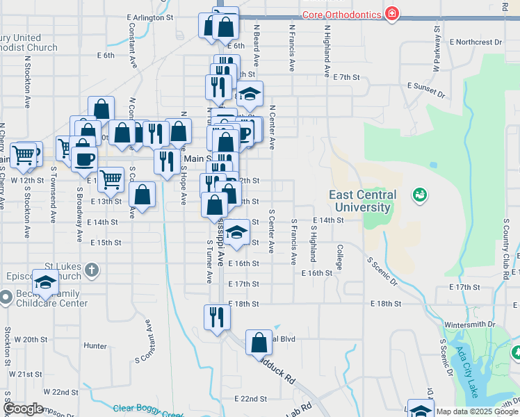 map of restaurants, bars, coffee shops, grocery stores, and more near 816 East 14th Street in Ada