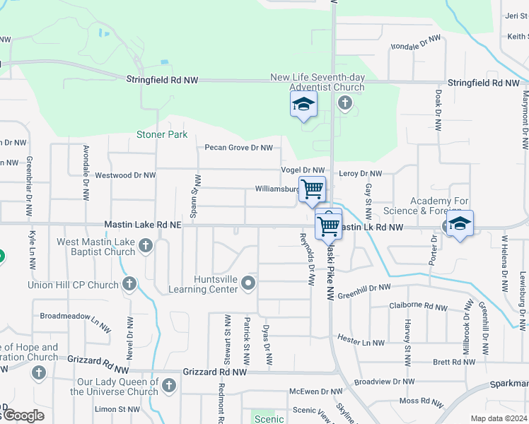 map of restaurants, bars, coffee shops, grocery stores, and more near 3721 Jamestown Drive Northwest in Huntsville