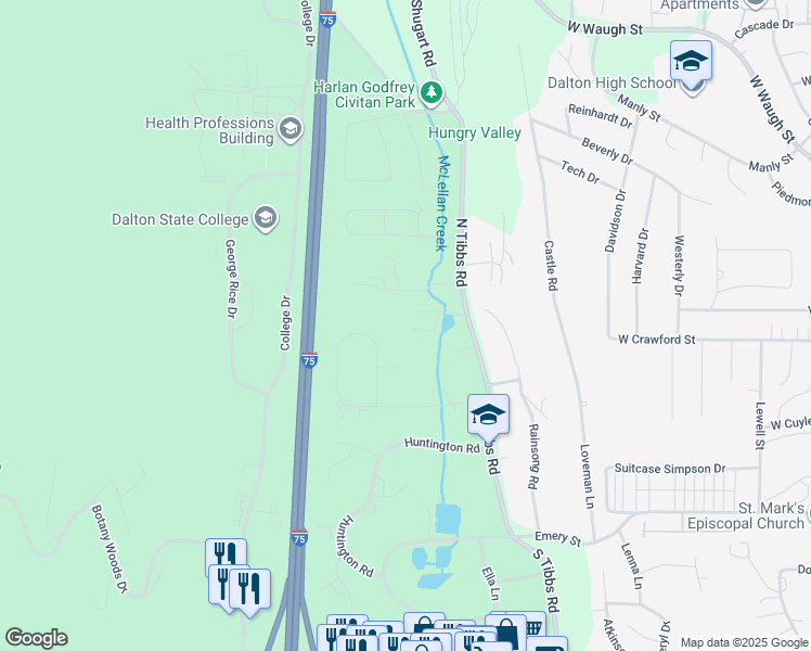 map of restaurants, bars, coffee shops, grocery stores, and more near 1802 Woodvalley Court in Dalton