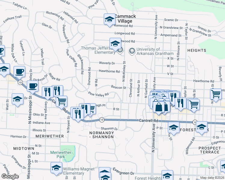 map of restaurants, bars, coffee shops, grocery stores, and more near 116 Pine Valley Road in Little Rock
