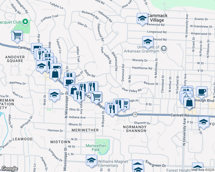 map of restaurants, bars, coffee shops, grocery stores, and more near 2104 Brownwood Road in Little Rock