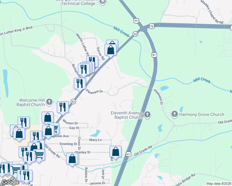 map of restaurants, bars, coffee shops, grocery stores, and more near 2675 Pleasant Drive in Dalton