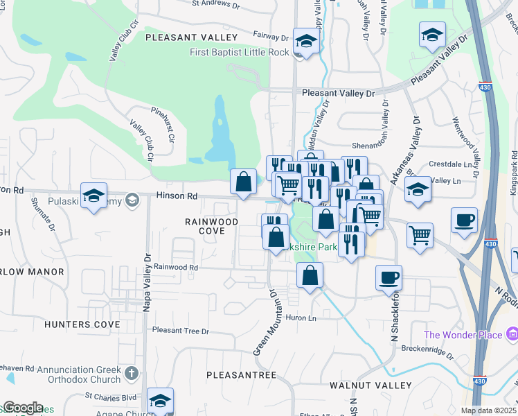 map of restaurants, bars, coffee shops, grocery stores, and more near 11719 Hinson Road in Little Rock