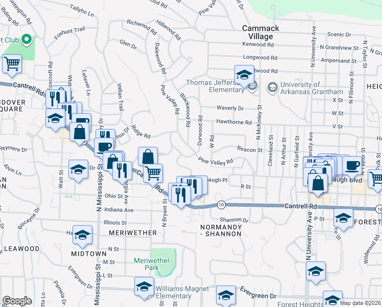 map of restaurants, bars, coffee shops, grocery stores, and more near 2120 Durwood Road in Little Rock
