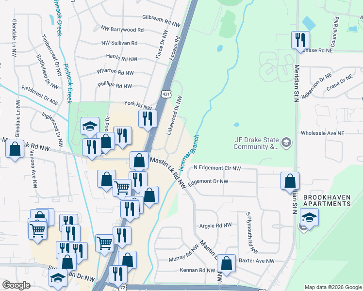 map of restaurants, bars, coffee shops, grocery stores, and more near 3608 Lakewood Road Northwest in Huntsville