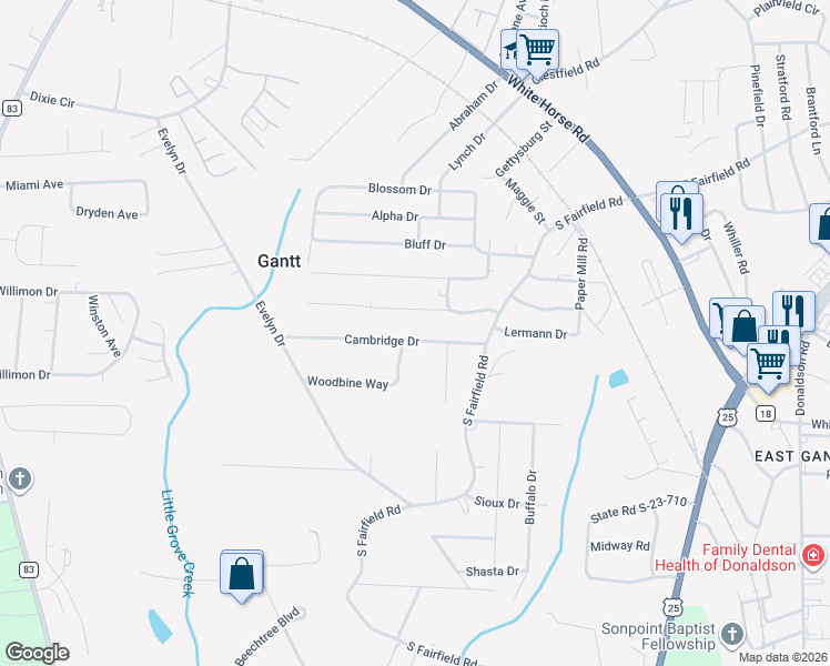 map of restaurants, bars, coffee shops, grocery stores, and more near 40 Cambridge Drive in Greenville