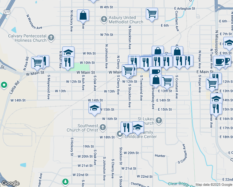 map of restaurants, bars, coffee shops, grocery stores, and more near 400-498 West 14th Street in Ada
