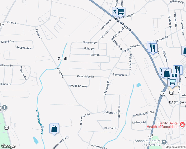 map of restaurants, bars, coffee shops, grocery stores, and more near 40 Cambridge Drive in Greenville