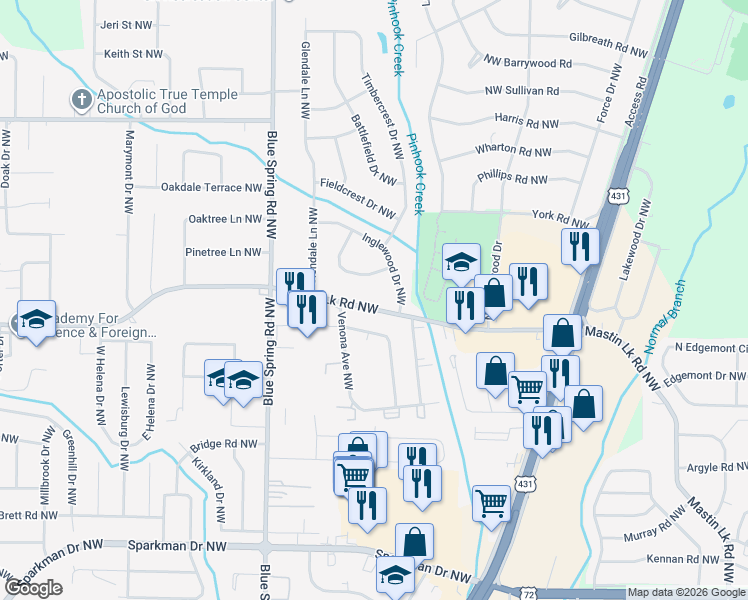 map of restaurants, bars, coffee shops, grocery stores, and more near 2415 Mastin Lake Road Northeast in Huntsville