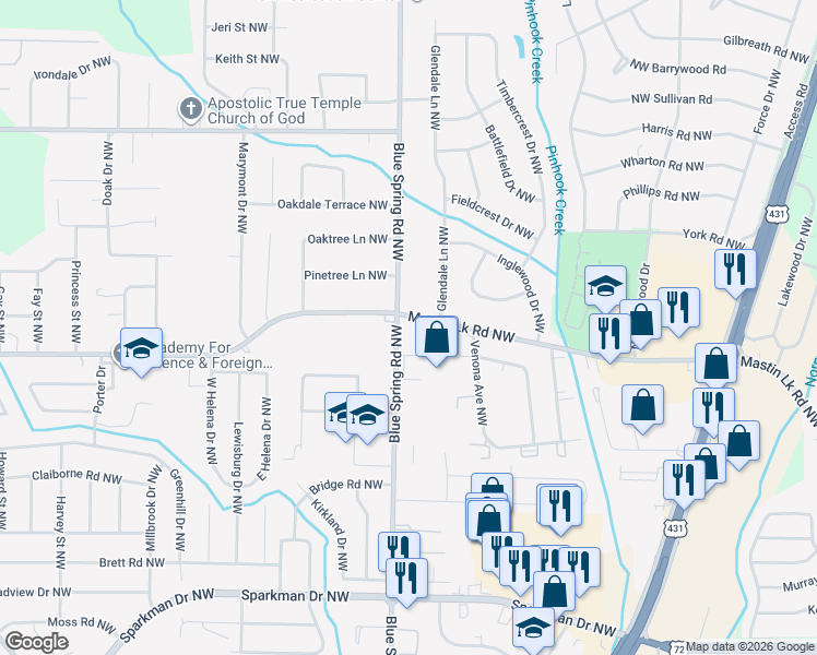 map of restaurants, bars, coffee shops, grocery stores, and more near 3700 Blue Spring Road Northwest in Huntsville