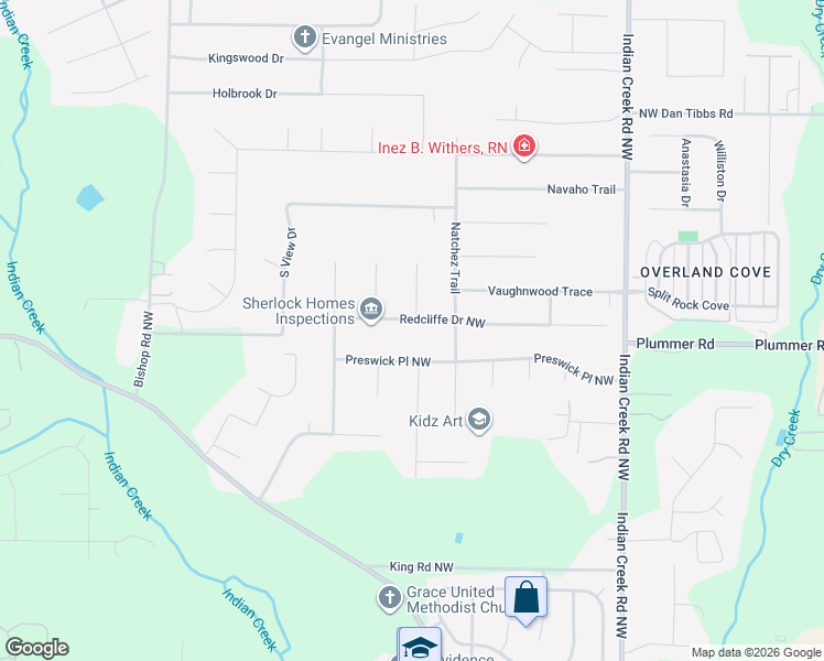map of restaurants, bars, coffee shops, grocery stores, and more near 115 Preswick Place Northwest in Huntsville