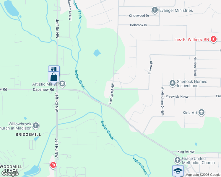 map of restaurants, bars, coffee shops, grocery stores, and more near 102 South View Drive in Huntsville