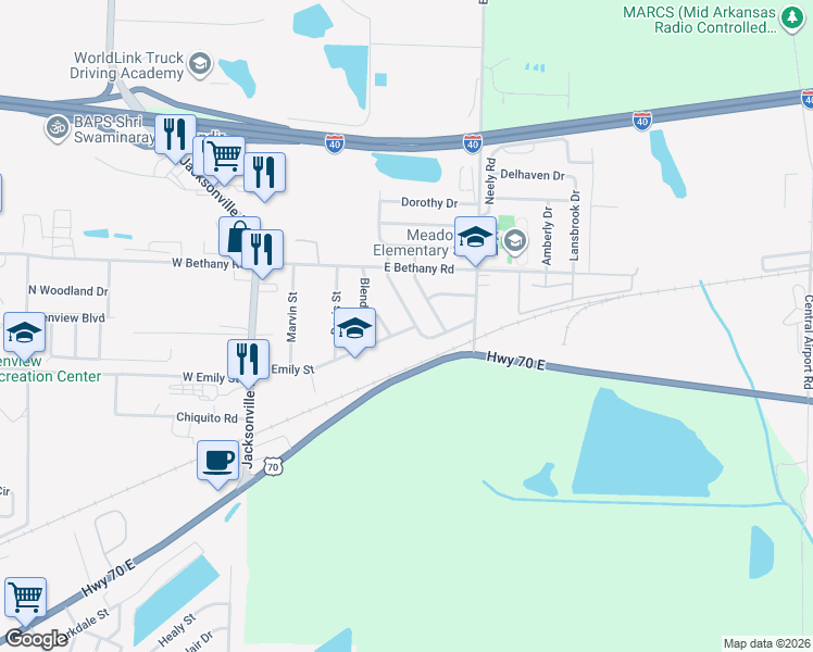 map of restaurants, bars, coffee shops, grocery stores, and more near 305 Meadow Park Drive in North Little Rock