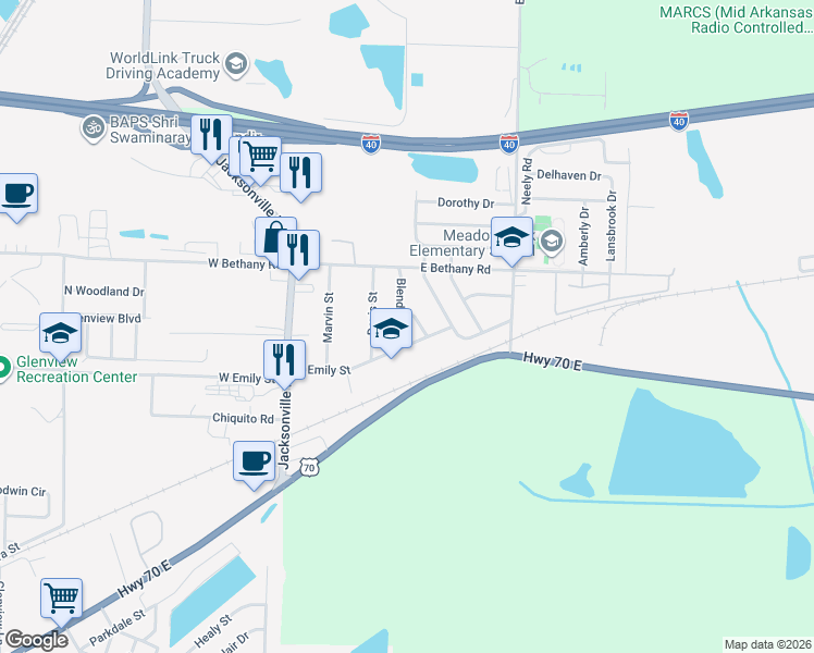 map of restaurants, bars, coffee shops, grocery stores, and more near 322 East Emily Street in North Little Rock