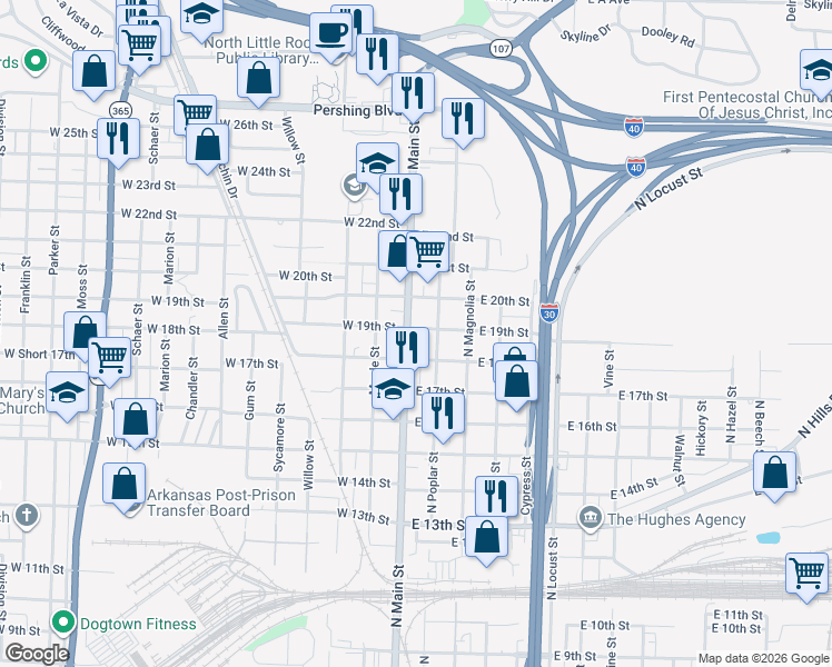 map of restaurants, bars, coffee shops, grocery stores, and more near 1802 Main Street in North Little Rock