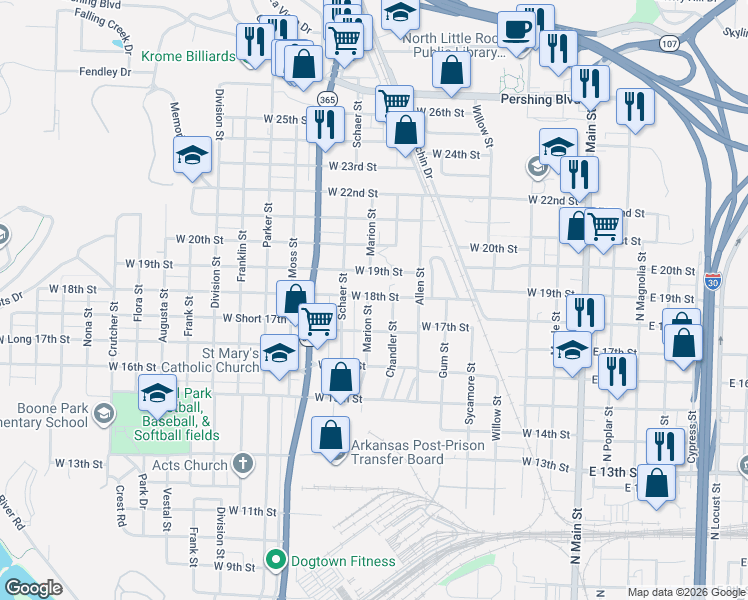 map of restaurants, bars, coffee shops, grocery stores, and more near 1711 Chandler Street in North Little Rock