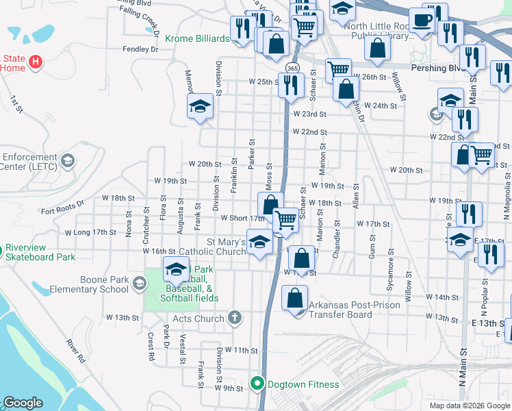 map of restaurants, bars, coffee shops, grocery stores, and more near 1725 Moss Street in North Little Rock