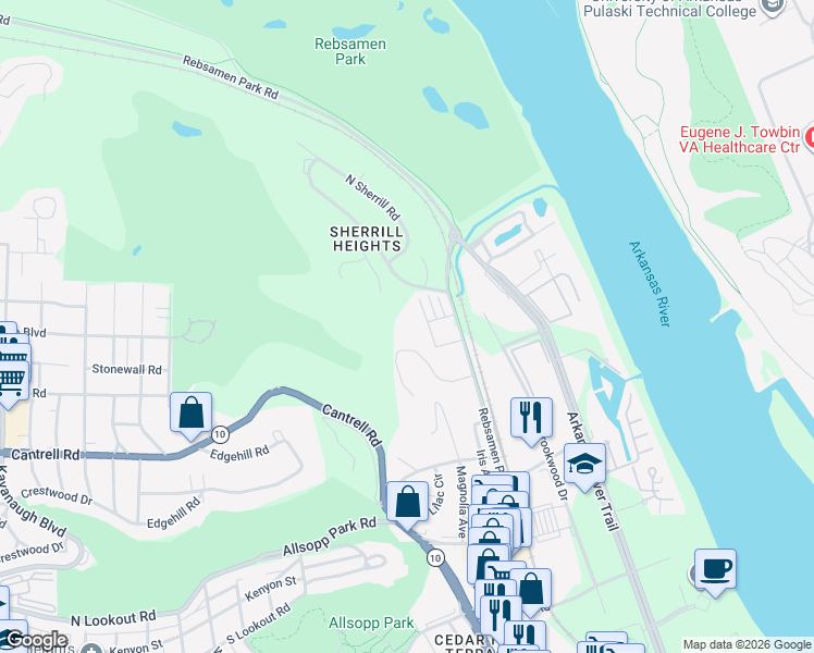map of restaurants, bars, coffee shops, grocery stores, and more near 2100 Rebsamen Park Road in Little Rock