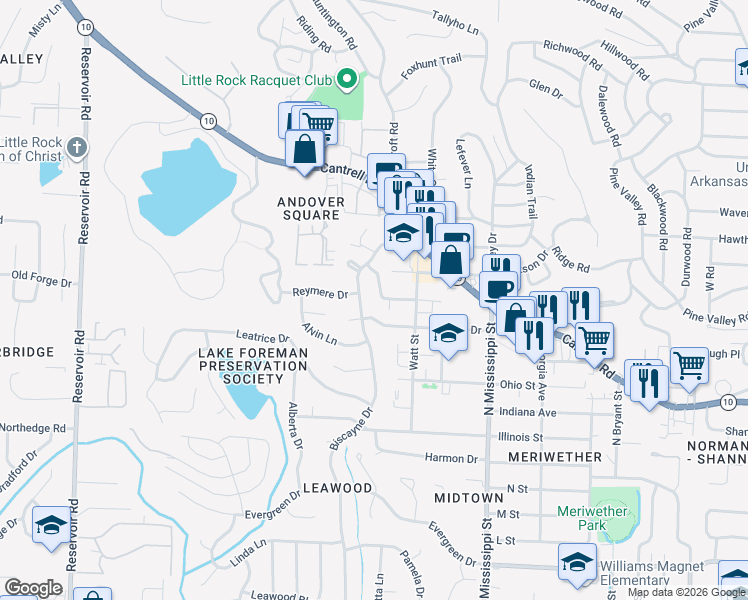 map of restaurants, bars, coffee shops, grocery stores, and more near 7824 Iowa Drive in Little Rock
