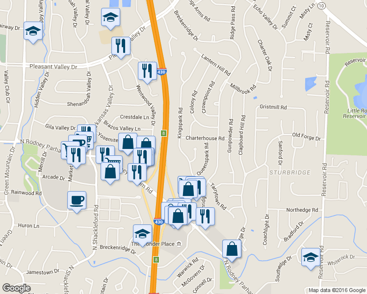 map of restaurants, bars, coffee shops, grocery stores, and more near 27 Kingspark Road in Little Rock