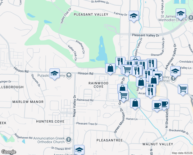map of restaurants, bars, coffee shops, grocery stores, and more near 2020 Hinson Loop Road in Little Rock