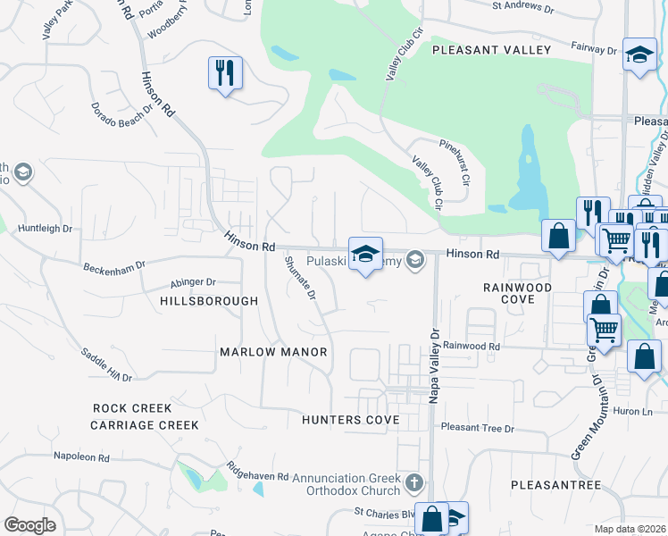 map of restaurants, bars, coffee shops, grocery stores, and more near 1804 Martha Drive in Little Rock