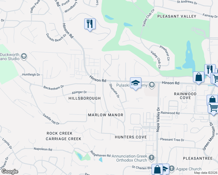 map of restaurants, bars, coffee shops, grocery stores, and more near 1902 Shumate Drive in Little Rock
