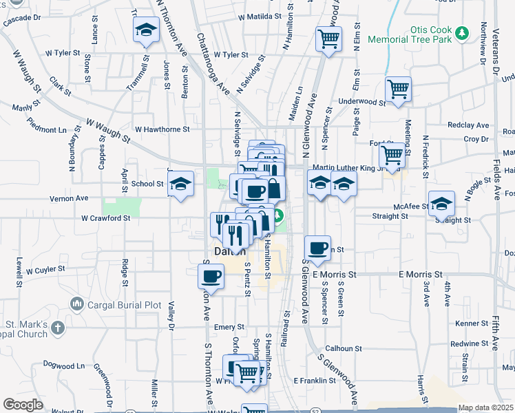 map of restaurants, bars, coffee shops, grocery stores, and more near 199 West Crawford Street in Dalton