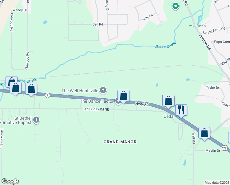 map of restaurants, bars, coffee shops, grocery stores, and more near 2409 Highway 72 East in Huntsville