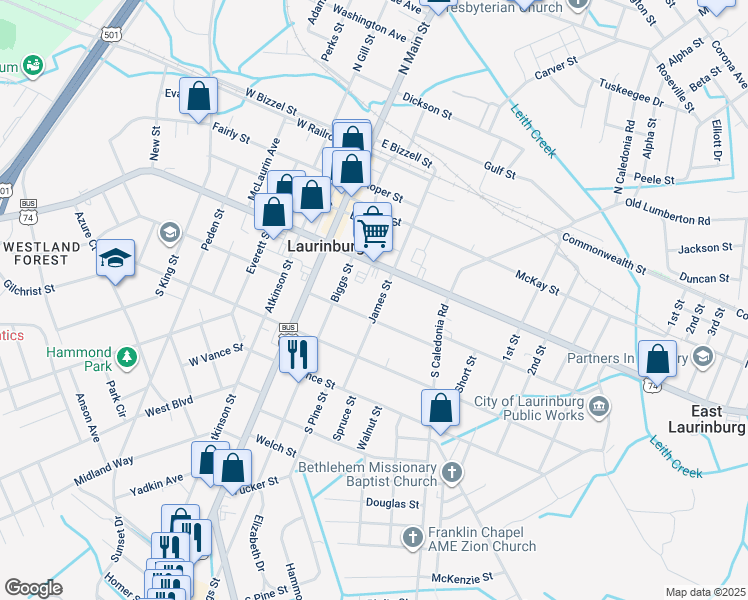 map of restaurants, bars, coffee shops, grocery stores, and more near 421 James Street in Laurinburg