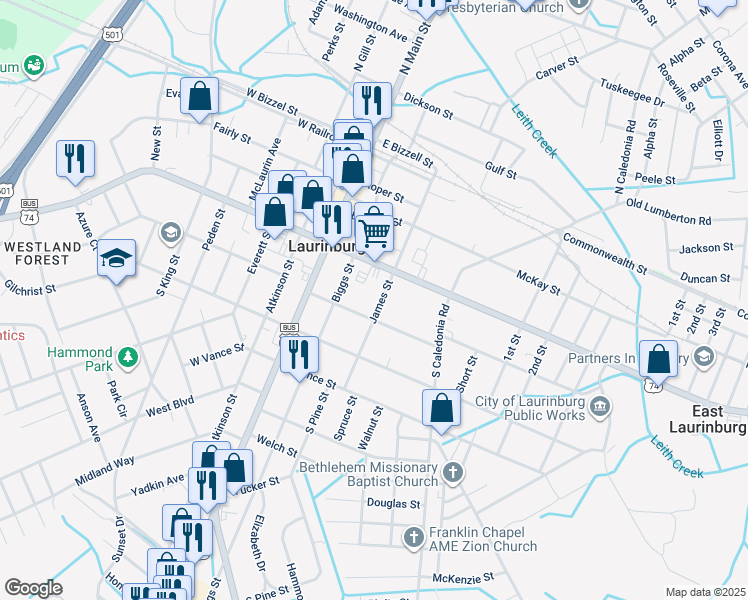 map of restaurants, bars, coffee shops, grocery stores, and more near 421 James Street in Laurinburg
