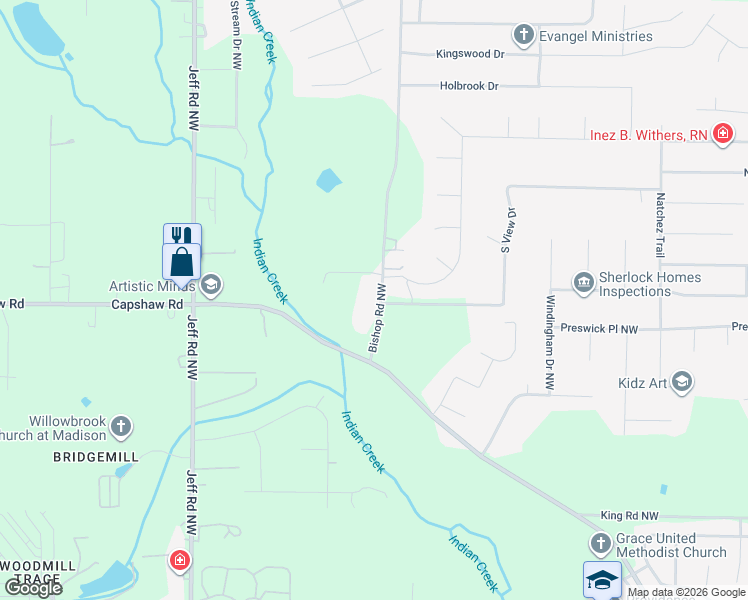 map of restaurants, bars, coffee shops, grocery stores, and more near 102 South View Drive in Huntsville