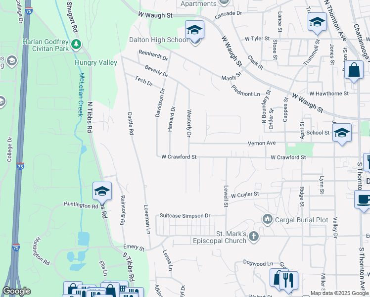 map of restaurants, bars, coffee shops, grocery stores, and more near 1401 West Crawford Street in Dalton