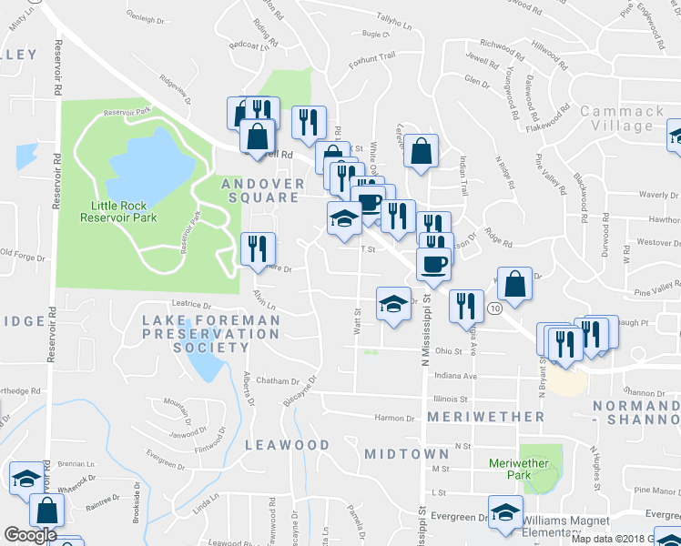 map of restaurants, bars, coffee shops, grocery stores, and more near 7816 Delray Drive in Little Rock