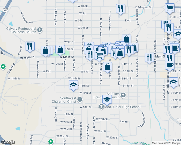 map of restaurants, bars, coffee shops, grocery stores, and more near 400-498 West 14th Street in Ada