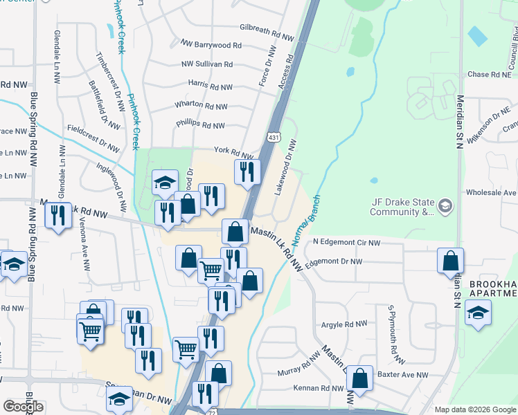 map of restaurants, bars, coffee shops, grocery stores, and more near 3602 North Memorial Parkway in Huntsville