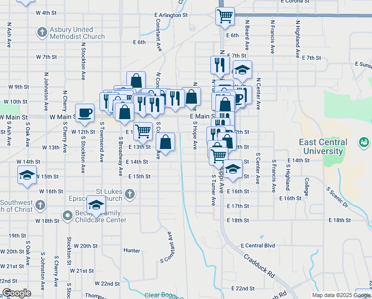 map of restaurants, bars, coffee shops, grocery stores, and more near 408 East 14th Street in Ada
