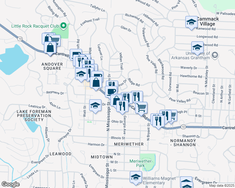 map of restaurants, bars, coffee shops, grocery stores, and more near 7426 Cantrell Road in Little Rock