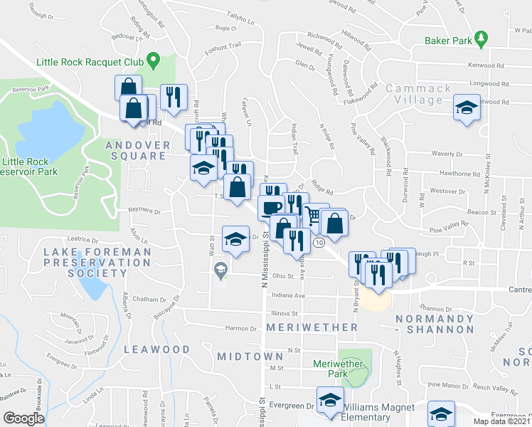 map of restaurants, bars, coffee shops, grocery stores, and more near in Little Rock