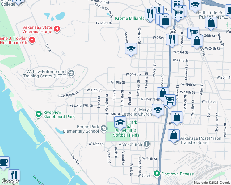 map of restaurants, bars, coffee shops, grocery stores, and more near 1716 West Short 17th Street in North Little Rock