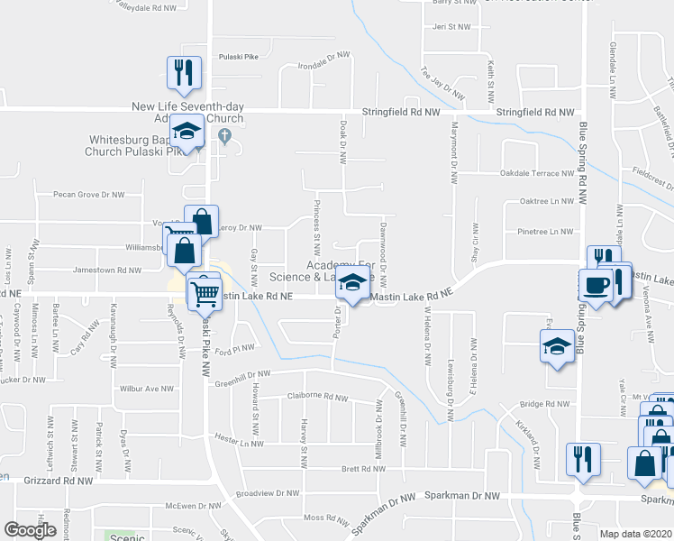 map of restaurants, bars, coffee shops, grocery stores, and more near 3105 Knollwood Circle Northwest in Huntsville