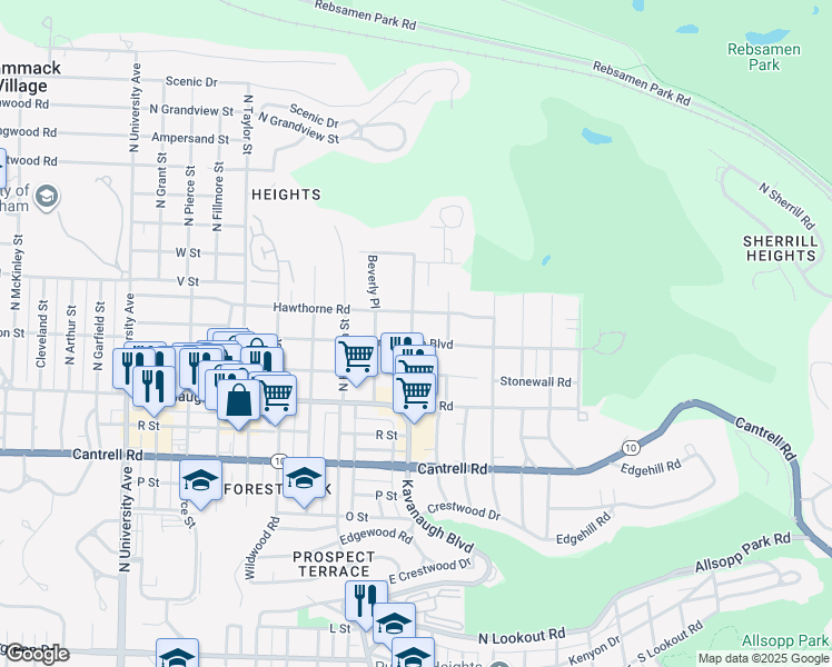 map of restaurants, bars, coffee shops, grocery stores, and more near 2117 North Van Buren Street in Little Rock
