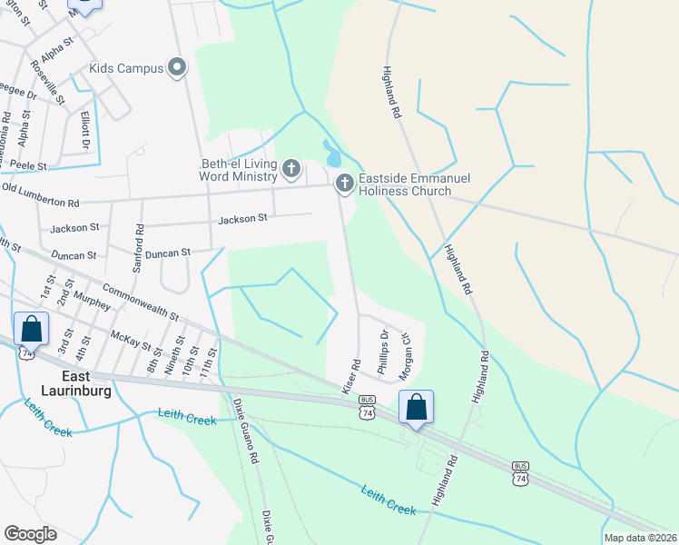 map of restaurants, bars, coffee shops, grocery stores, and more near 14563 Kiser Road in Laurinburg