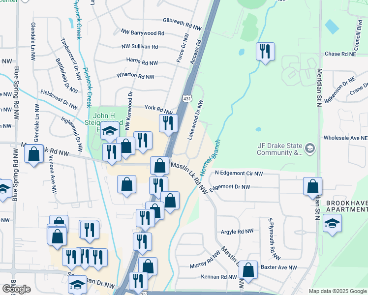 map of restaurants, bars, coffee shops, grocery stores, and more near 3609 Lakewood Drive Northwest in Huntsville