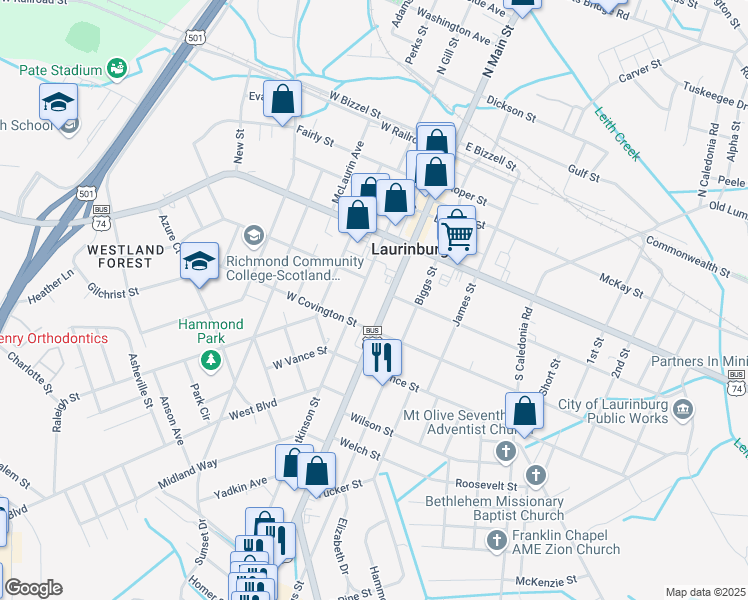 map of restaurants, bars, coffee shops, grocery stores, and more near 505 South Main Street in Laurinburg