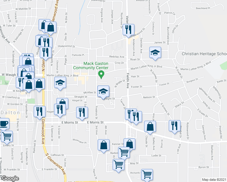 map of restaurants, bars, coffee shops, grocery stores, and more near 843 McAfee Street in Dalton