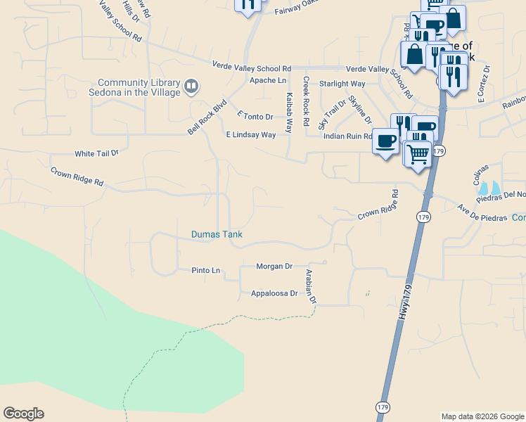 map of restaurants, bars, coffee shops, grocery stores, and more near 15 Heritage Circle in Sedona